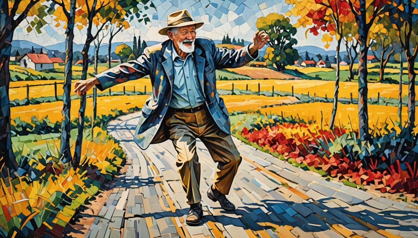 Dancing Man in Rural Setting, Neo-Impressionism Style