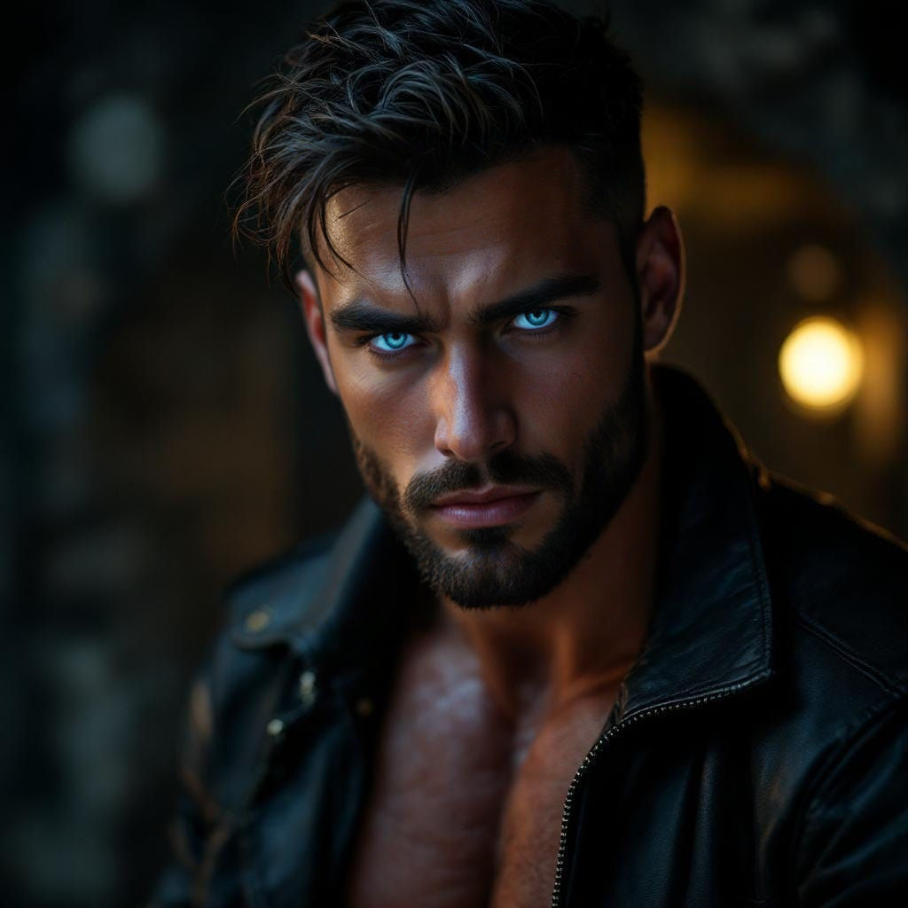 Handsome Man with Blue Eyes in Dark Lair