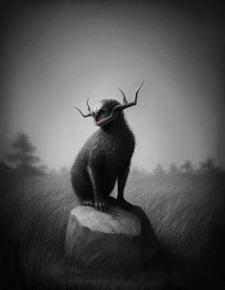 An alien animal sitting on a stone,surrounded by tall grass