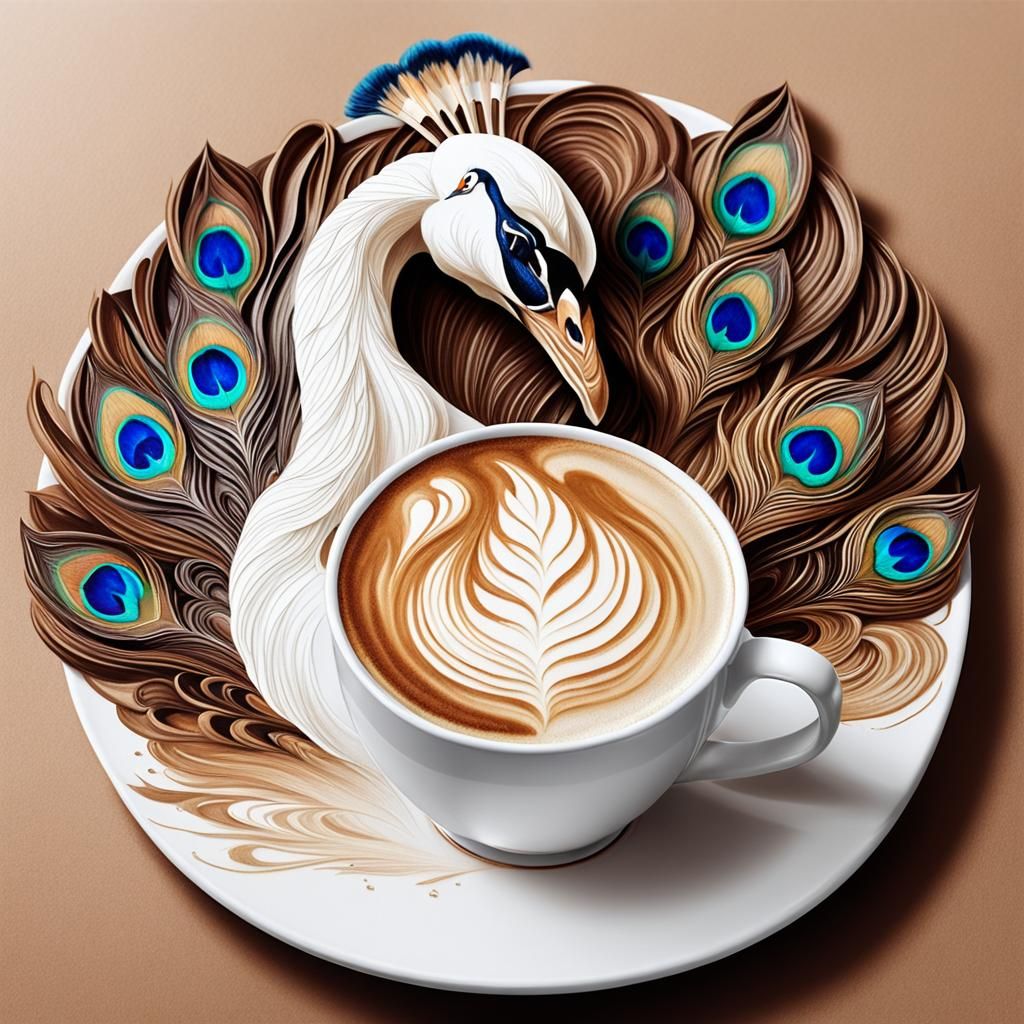 Swan Latte Art in Coffee Cup: Oil Painting Sketch