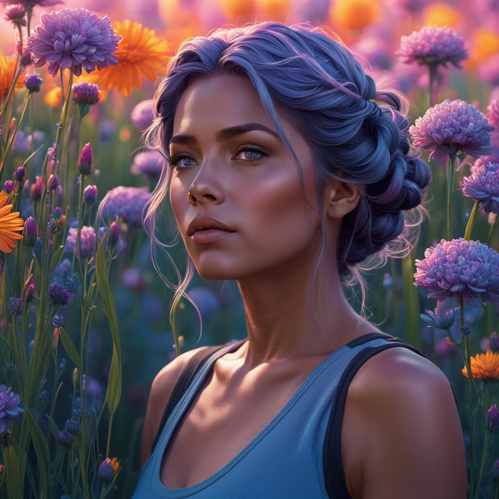 Woman in Flower Field: Hyperdetailed Portrait