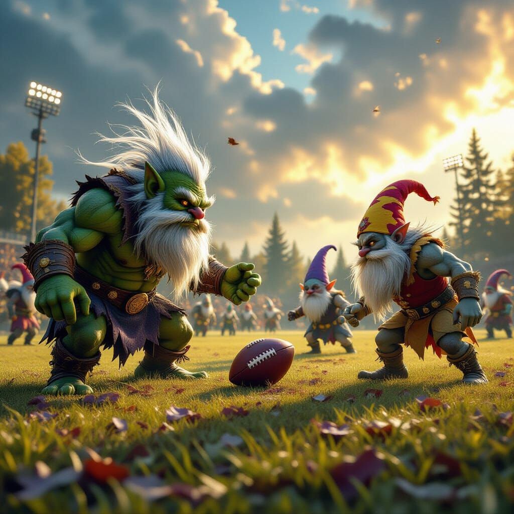Trolls vs Gnomes Football Match in Dark Fantasy Concept Art