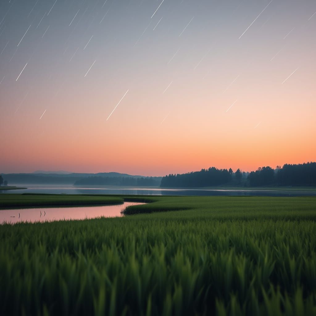 Lush Dawn Lake Scene with Celestial Comets