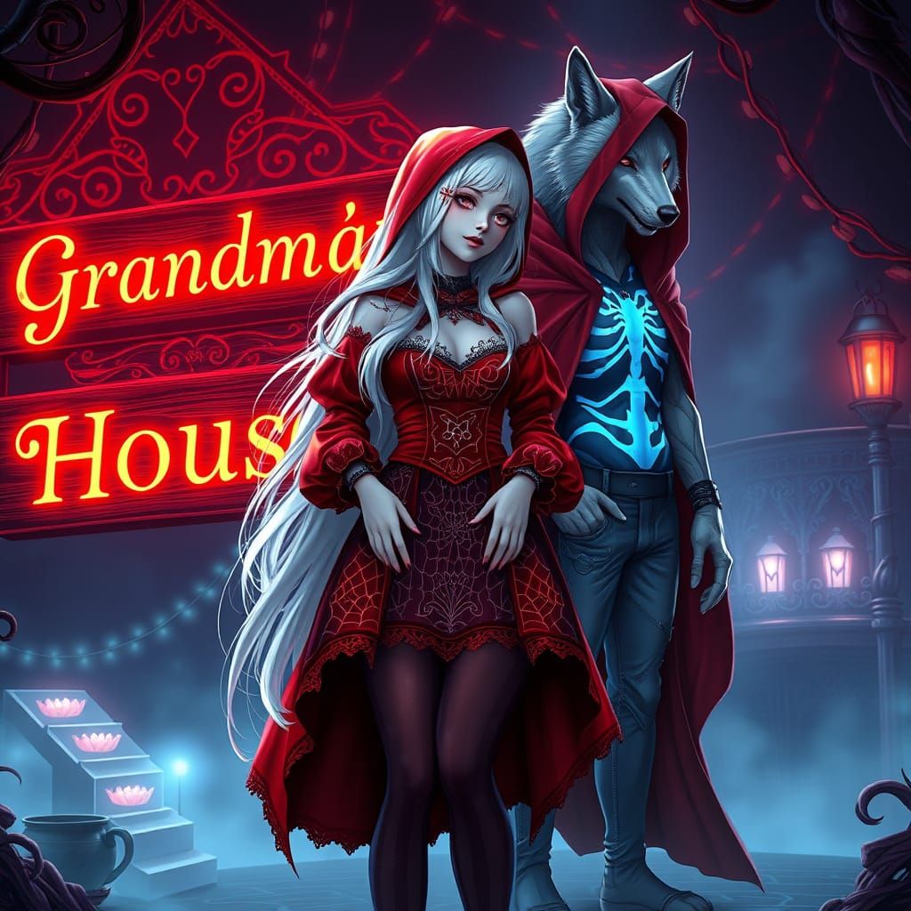 Seductive Goth Anime Red Riding Hood in Whimsical Wonderland