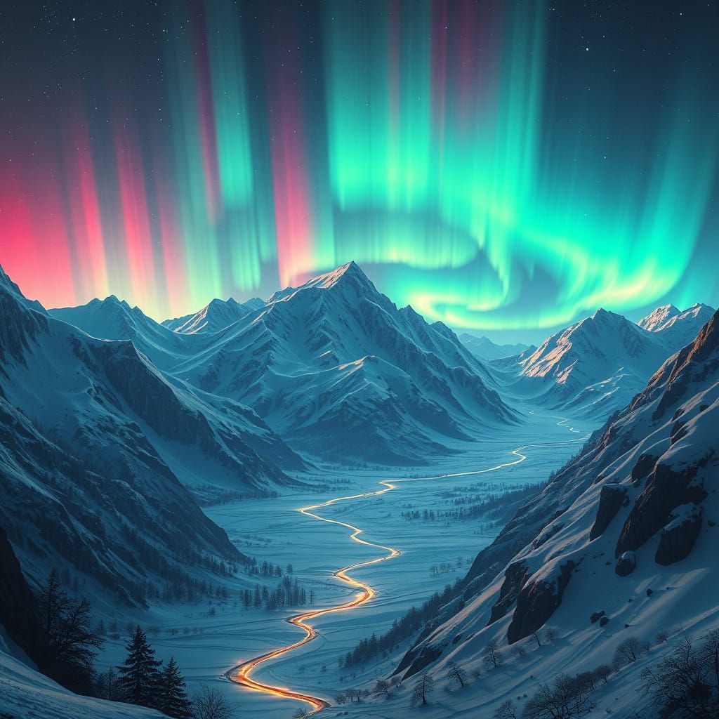 Ethereal Aurora Illuminates Snowy Mountain Range in Vibrant....