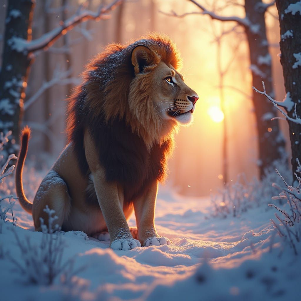 Surreal Lion Cub with Gentle Regard Amid Snowy Evergreens at...