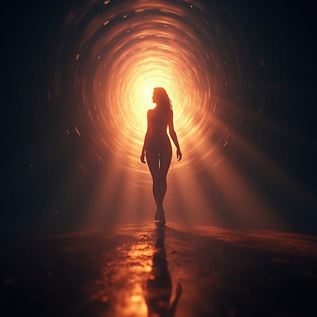 Ethereal Woman Appears in Radiant, Gradient Darkness
