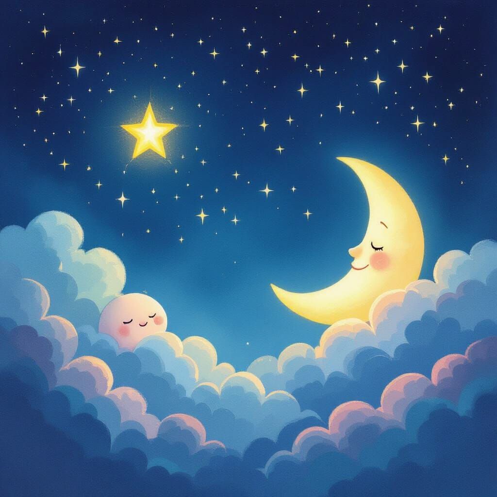 Star's Dream: Whimsical Clouds and Moon Encounter