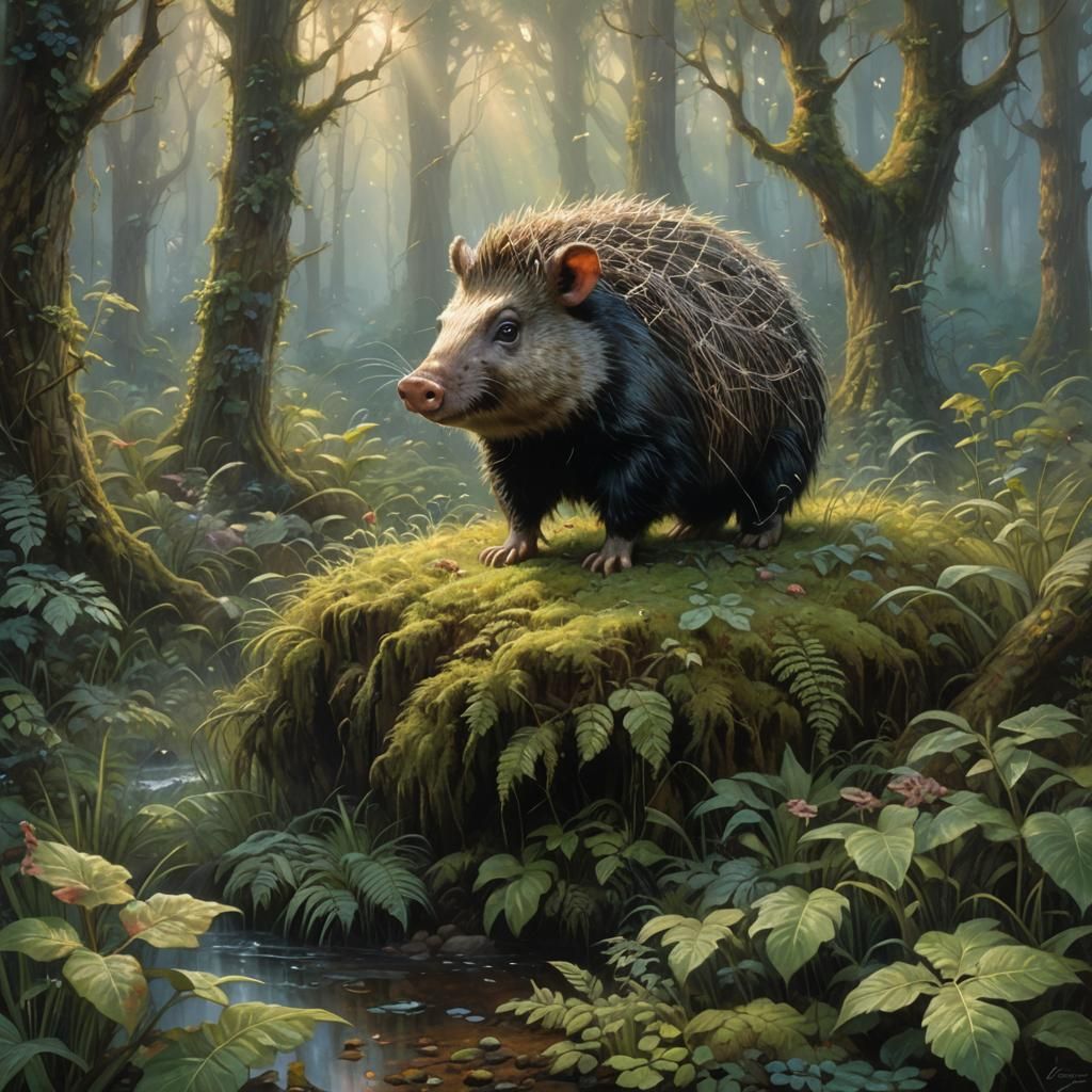 Porcuswine in Ethereal Fantasy Forest Oil Painting