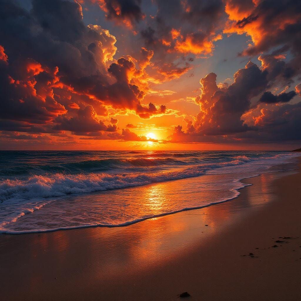 Dramatic Beach Sunset with Fiery Clouds