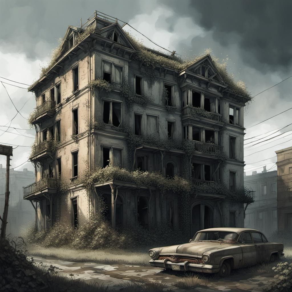 A hyperrealistic and hauntingly illustrations capturing the eerie essence of abandoned buildings.