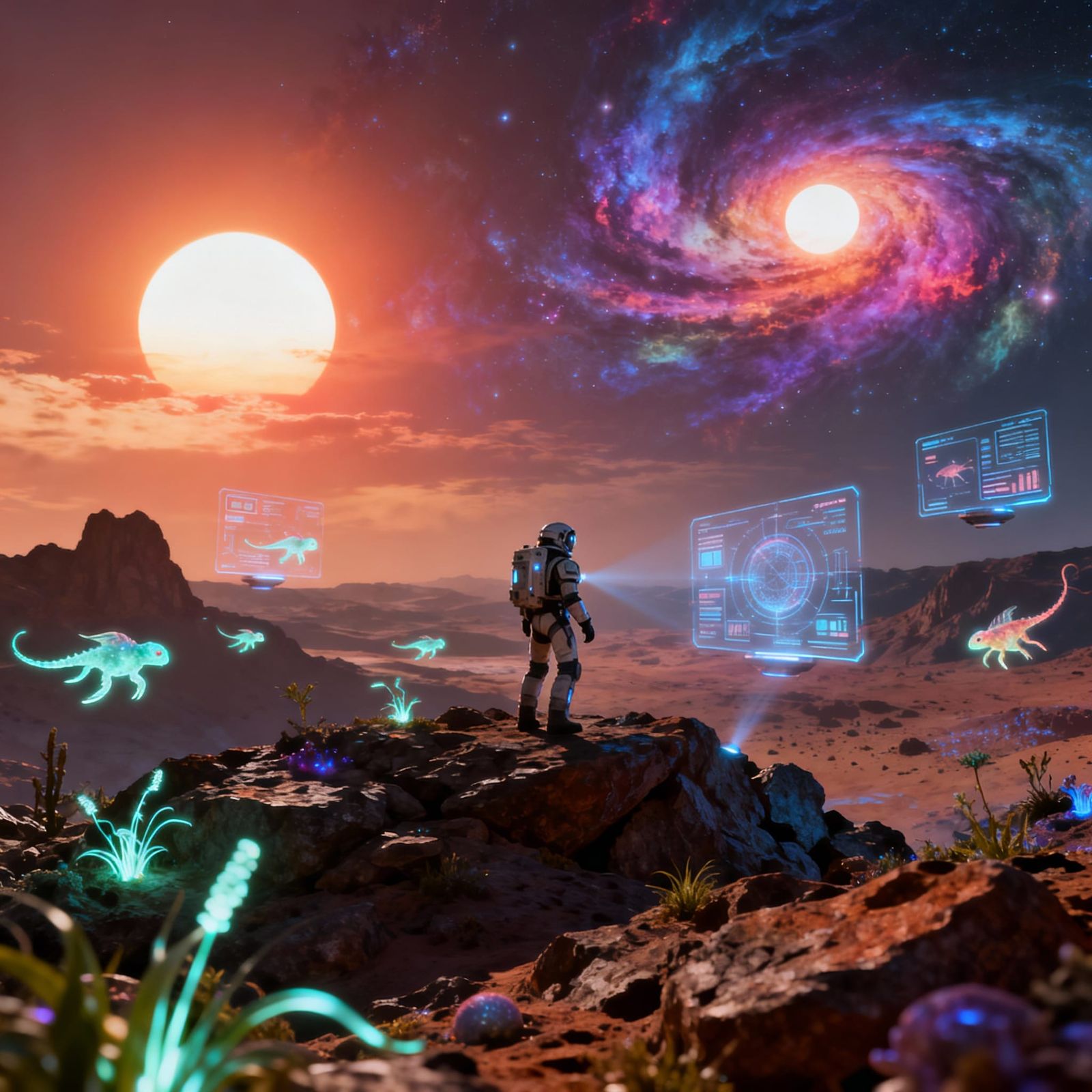 Explorer on Alien Planet with Two Suns and Nebula Sky