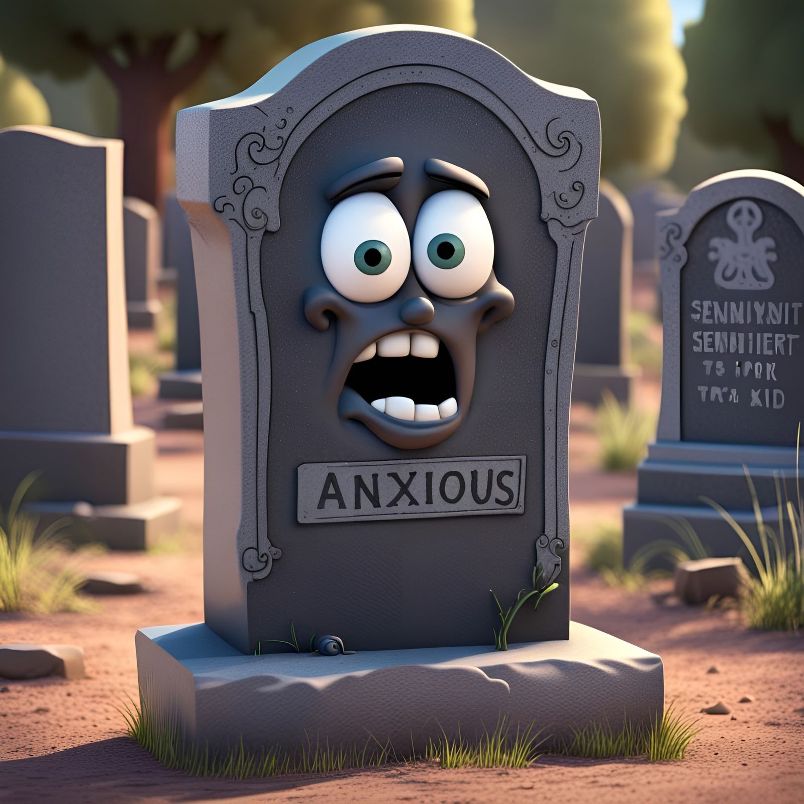 Anxious Cartoon Tombstone in Pixar Style