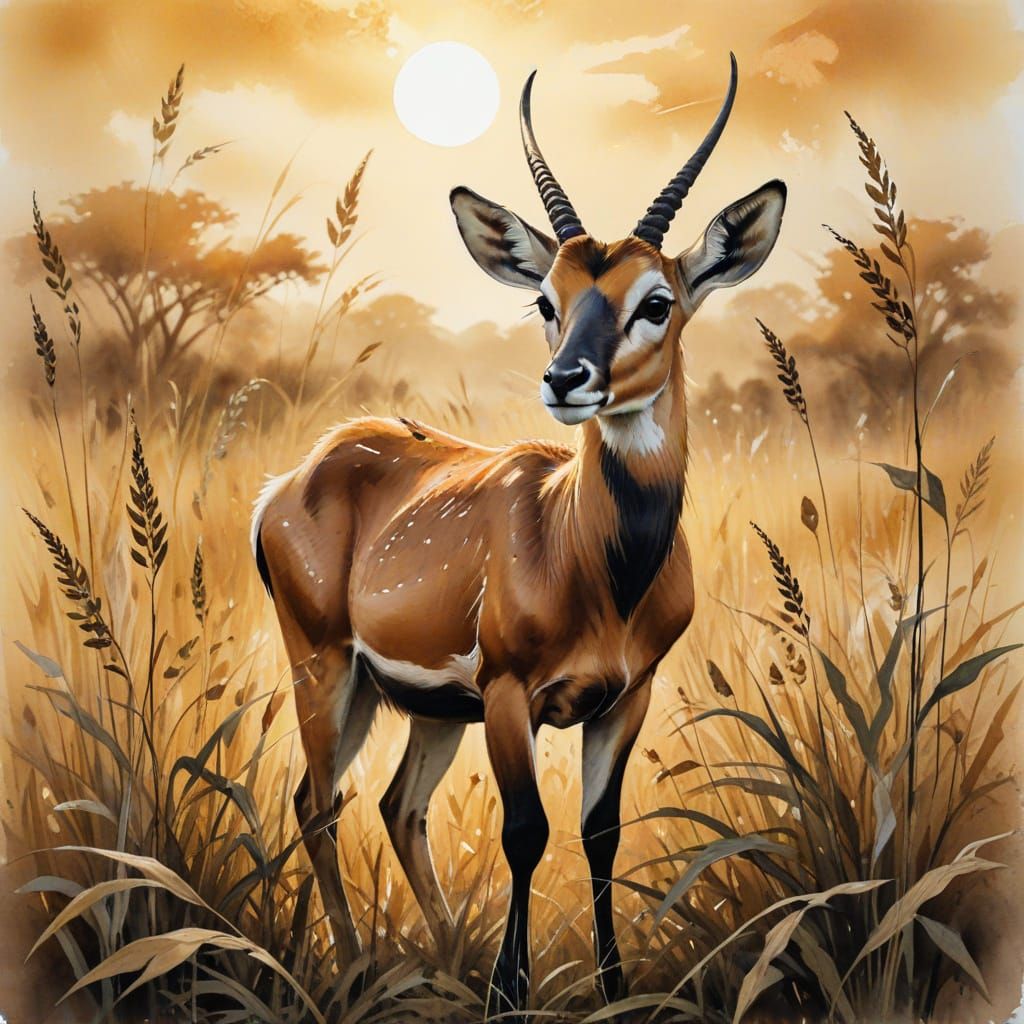 Serenely Grazing Ugandan Kob in African Savannah Landscape