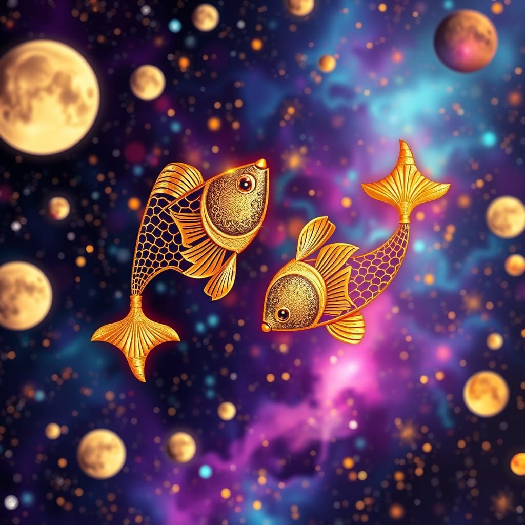 zodiac Sign in gold, in focus the zodiac fishes ♓️ the unive...