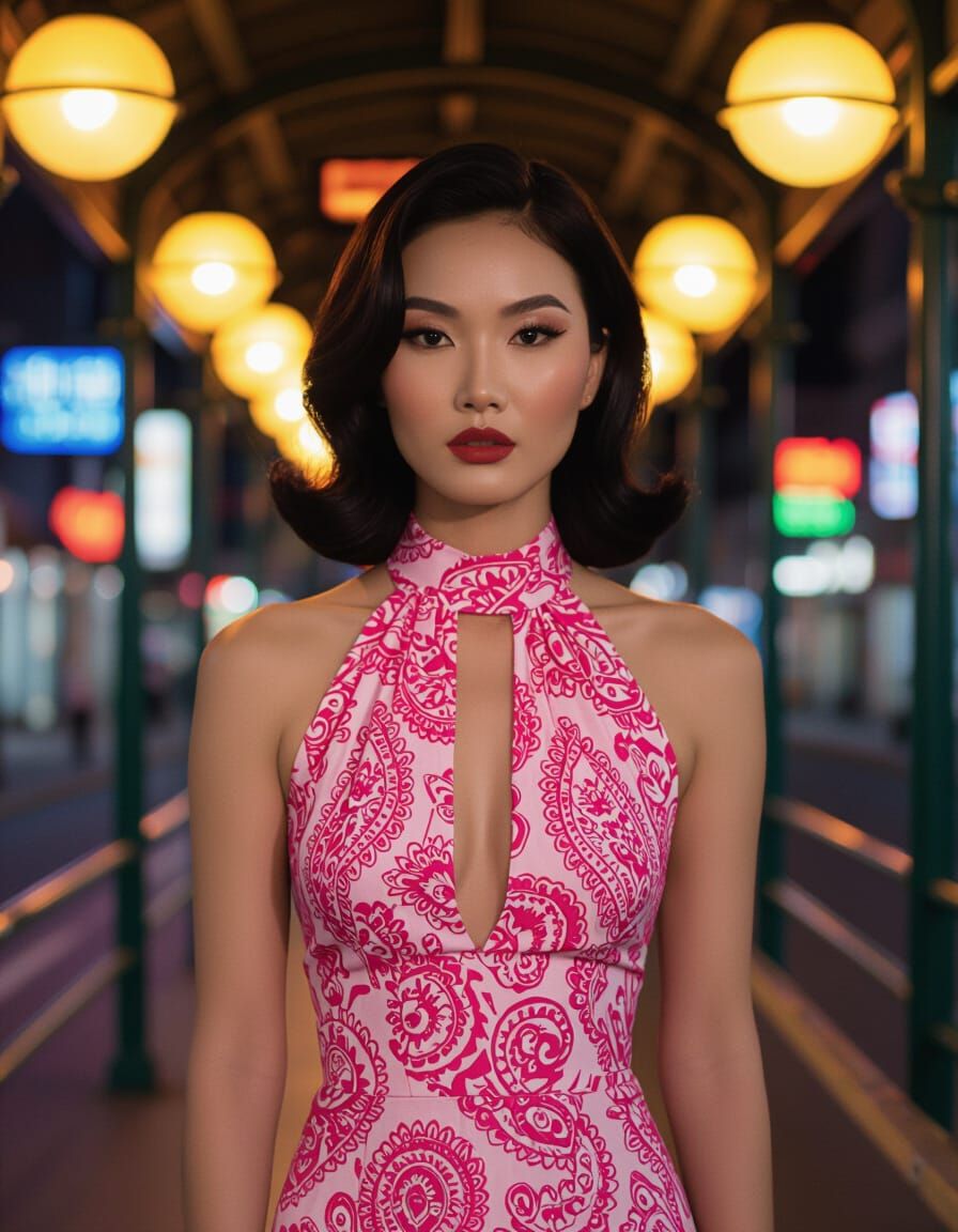 Woman on Tram Platform in Vintage Film Style