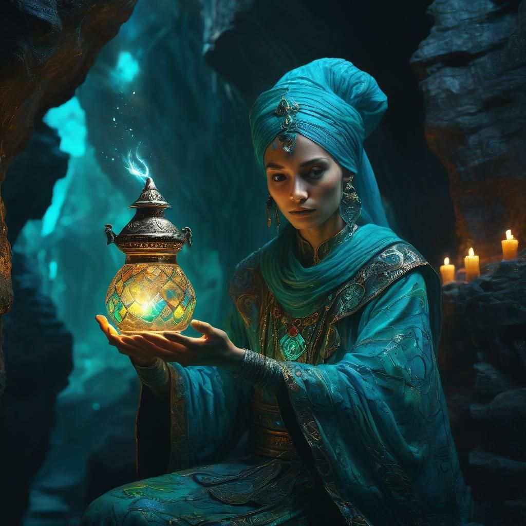 Female Genie Warlock Emerges from Magic Lamp