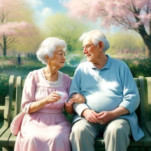 Elderly Couple Joyfully Blows Bubbles in Park