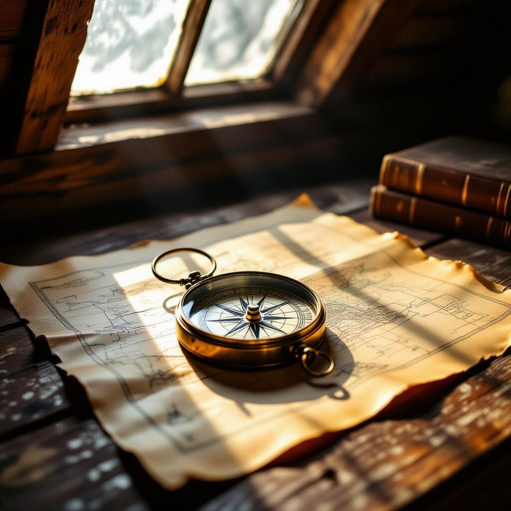 Antique Compass on Dusty Map in Dim Attic