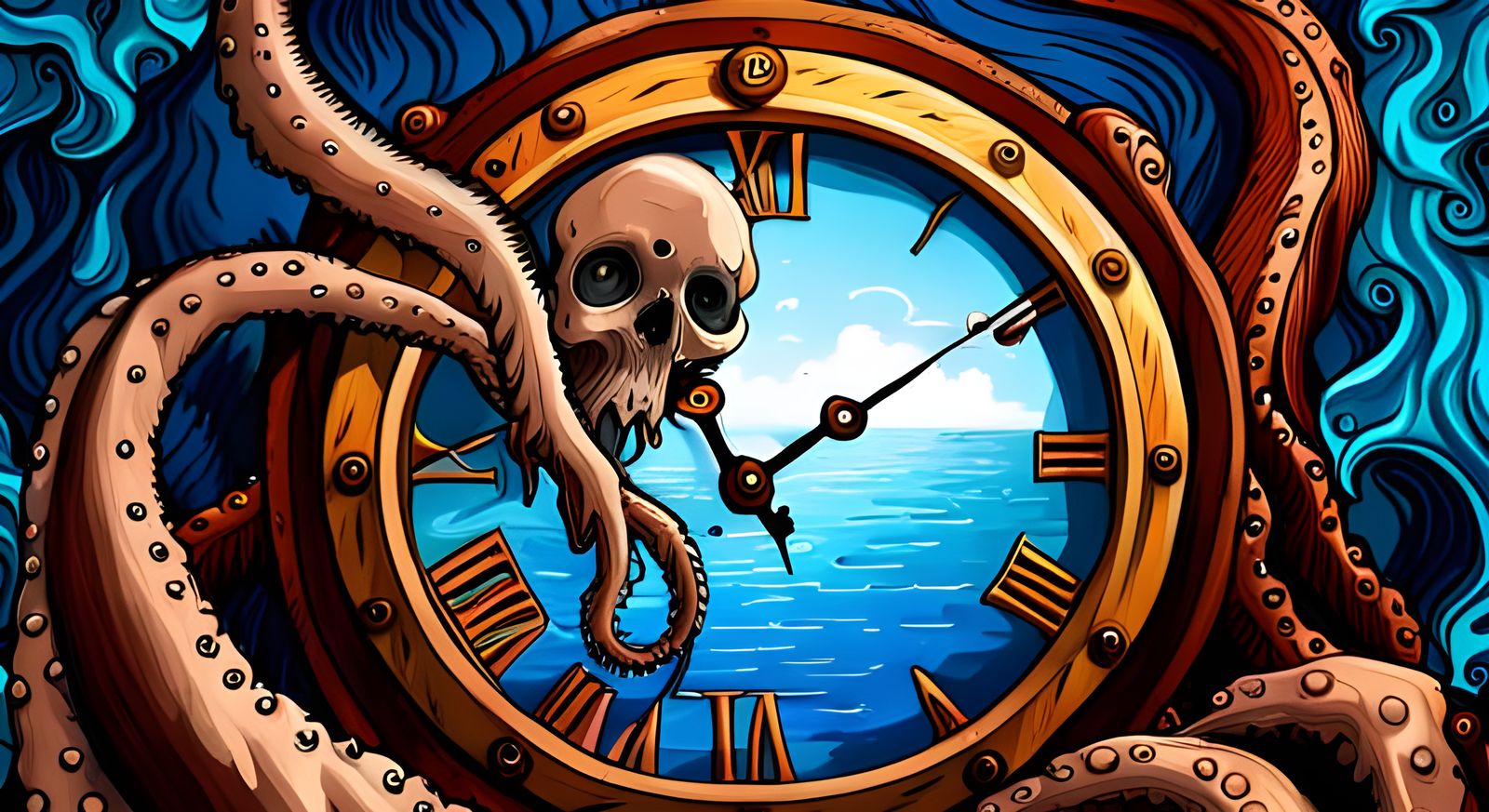 Steampunk Grim Reaper Nautical Clock with Sea Monster