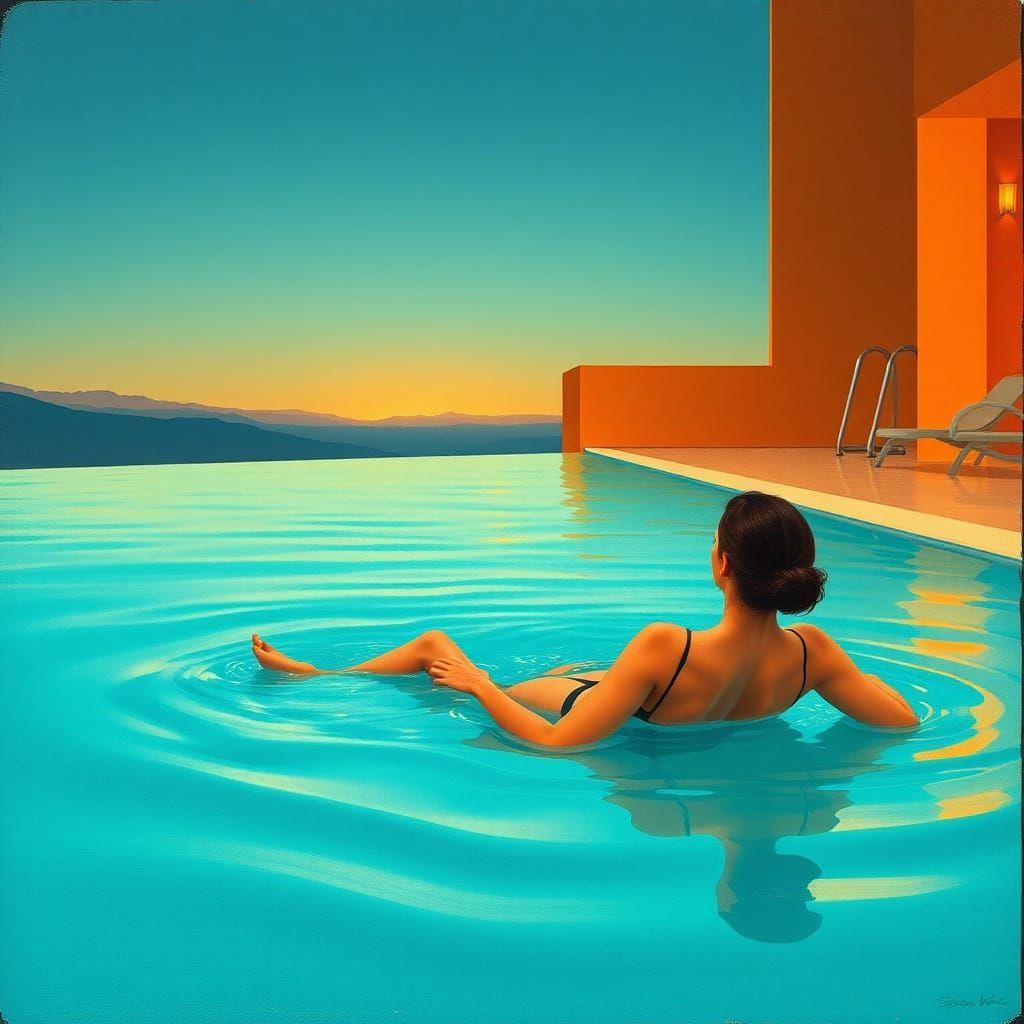 Woman Swimming in Twilight Hotel Pool, Hopper Klimt Style