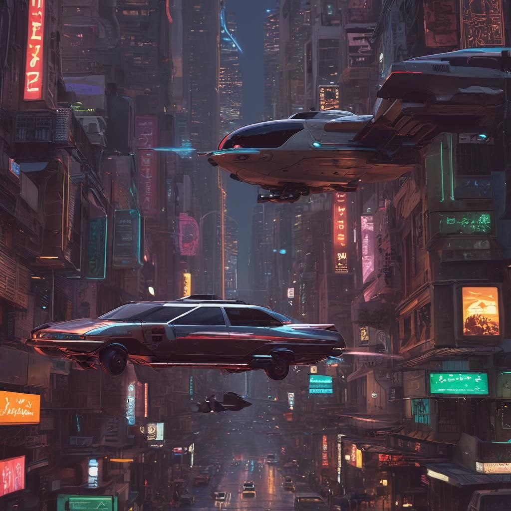 Flying Car Over Futuristic Cityscape in Retro-Futurism Style