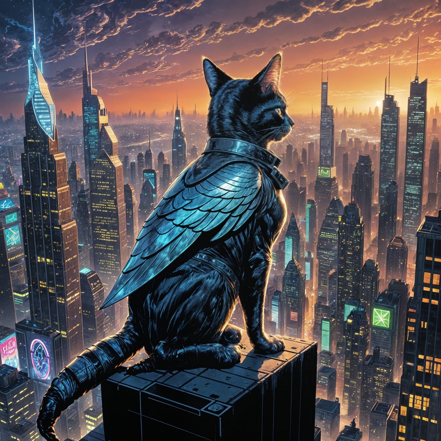 Winged Cat Burglar Over Neon Metropolis in Comic Book Art