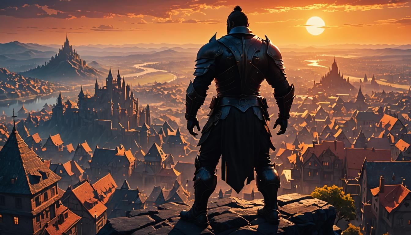 Armored Warrior Silhouette Over Fantasy Town Sunset