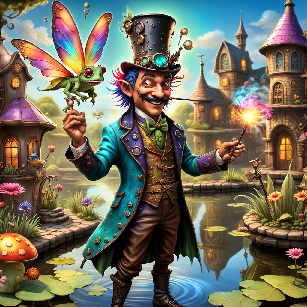 Whimsical Steampunk Fairy Godfather Scene in Naïve Style
