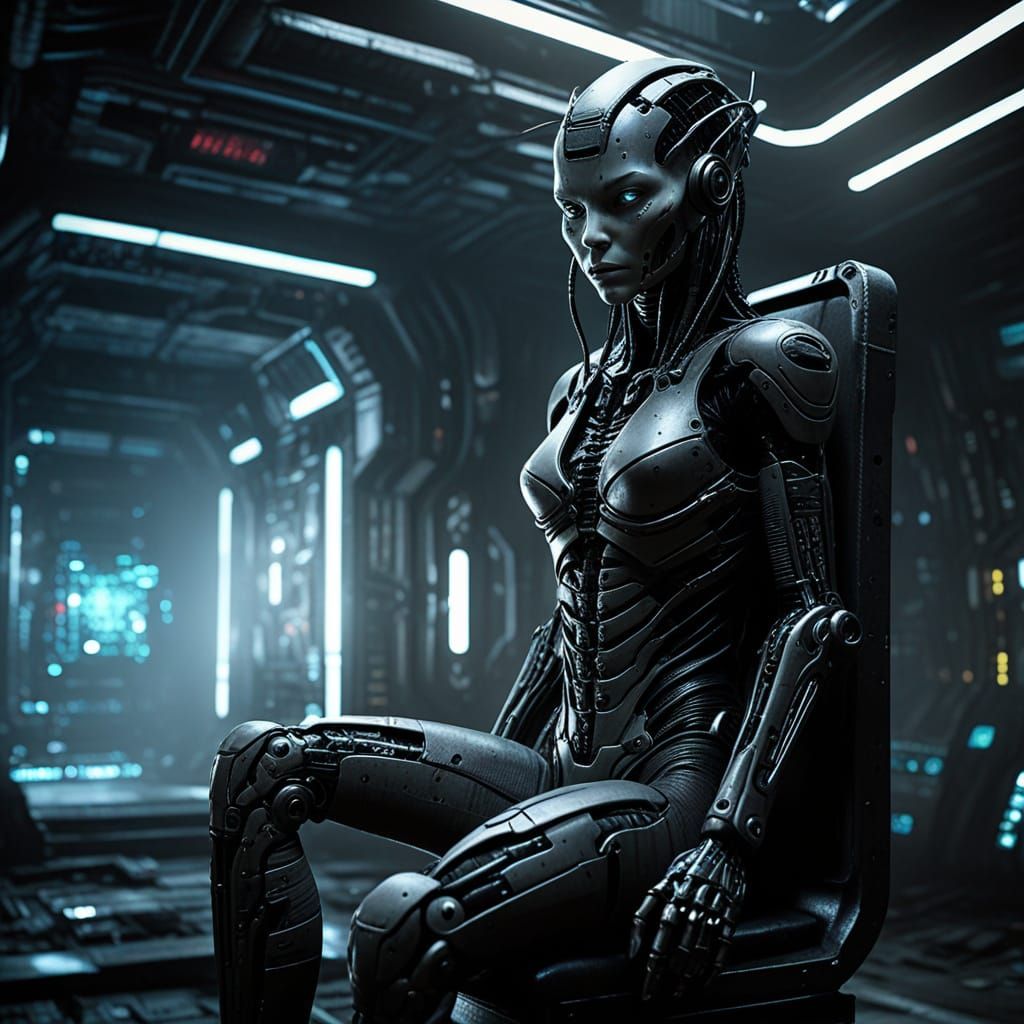 Cyborg Queen in Dark, Gritty Cyberpunk Atmosphere