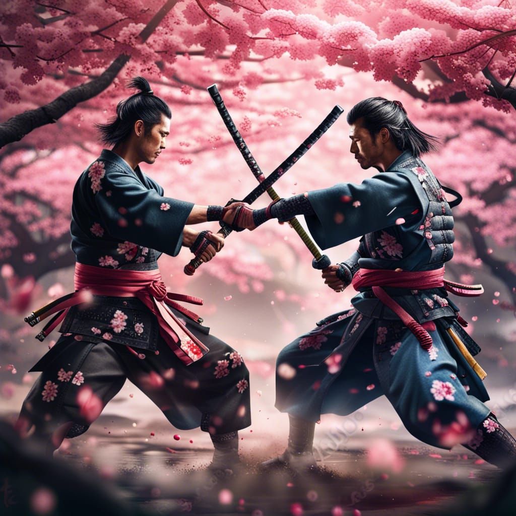 Hyperrealistic Samurai Battle in Cherry Blossom Garden