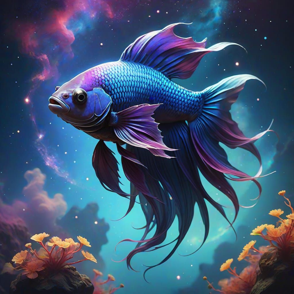 Beta Fish Glides Through Colorful Cosmic Nebula