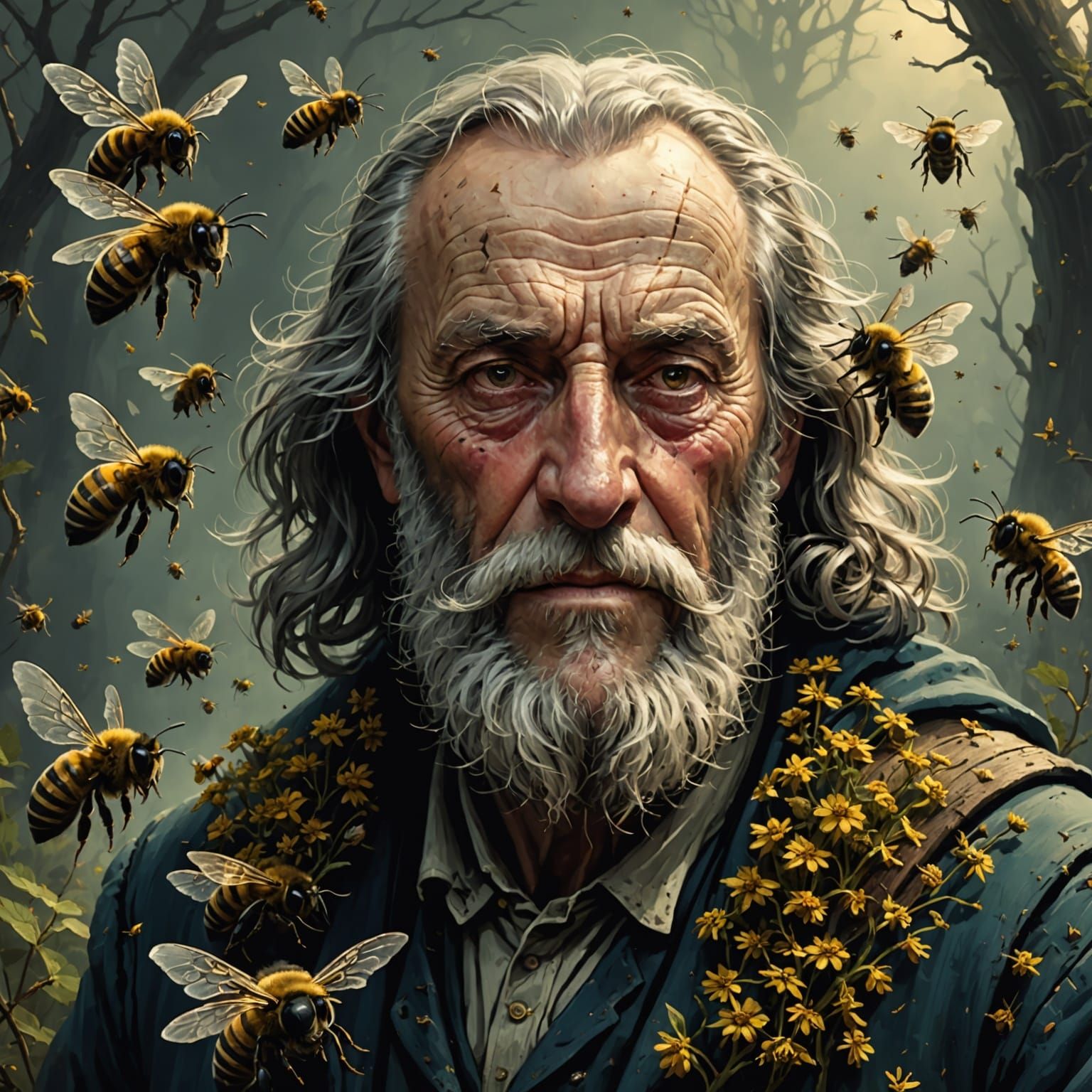 Old Man Overwhelmed by a Swarm of Bees in a Dark, Gothic Sce...
