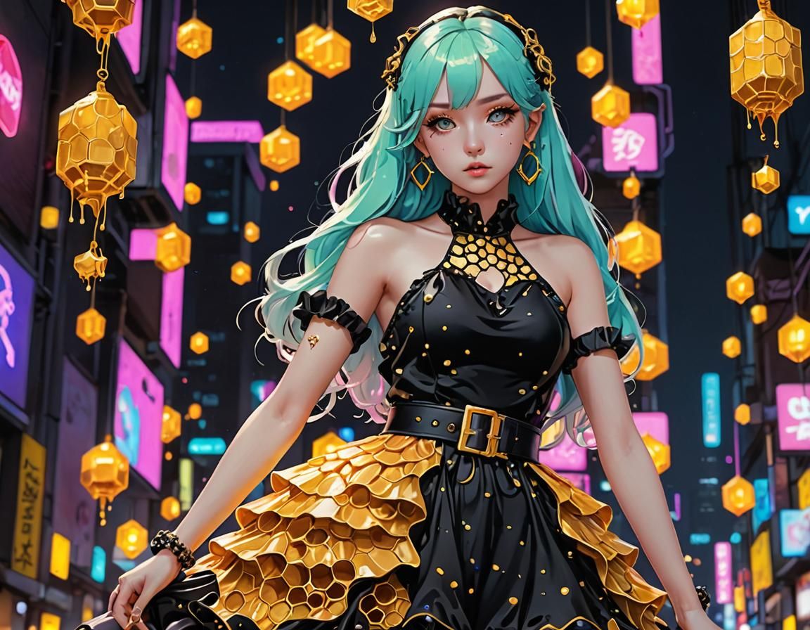 Golden Honeycomb Pastel Goth Dress in Anime Style