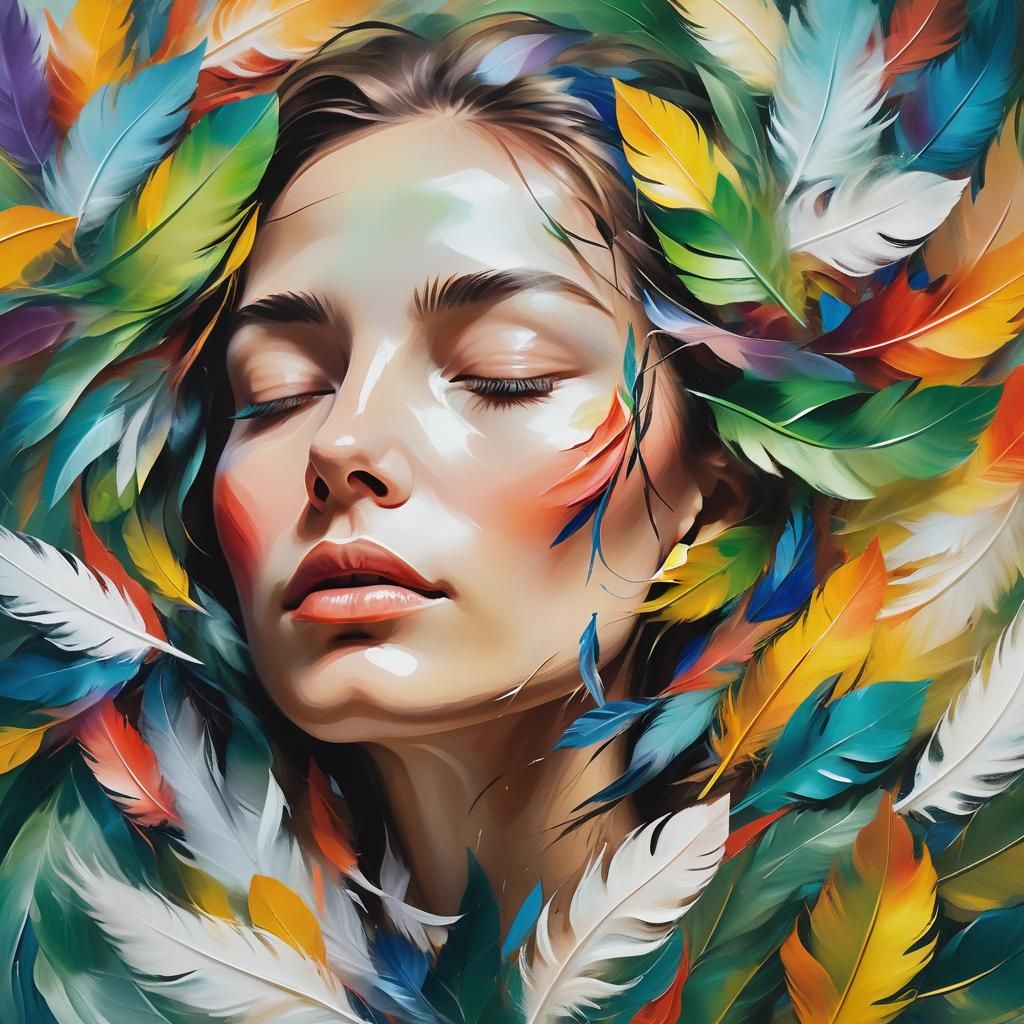 Abstract Expressionist Portrait of Woman with Feathers