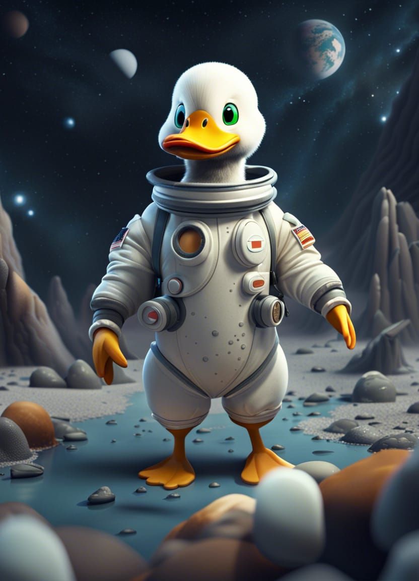 Cartoon Astronaut Duck: Detailed Matte Painting