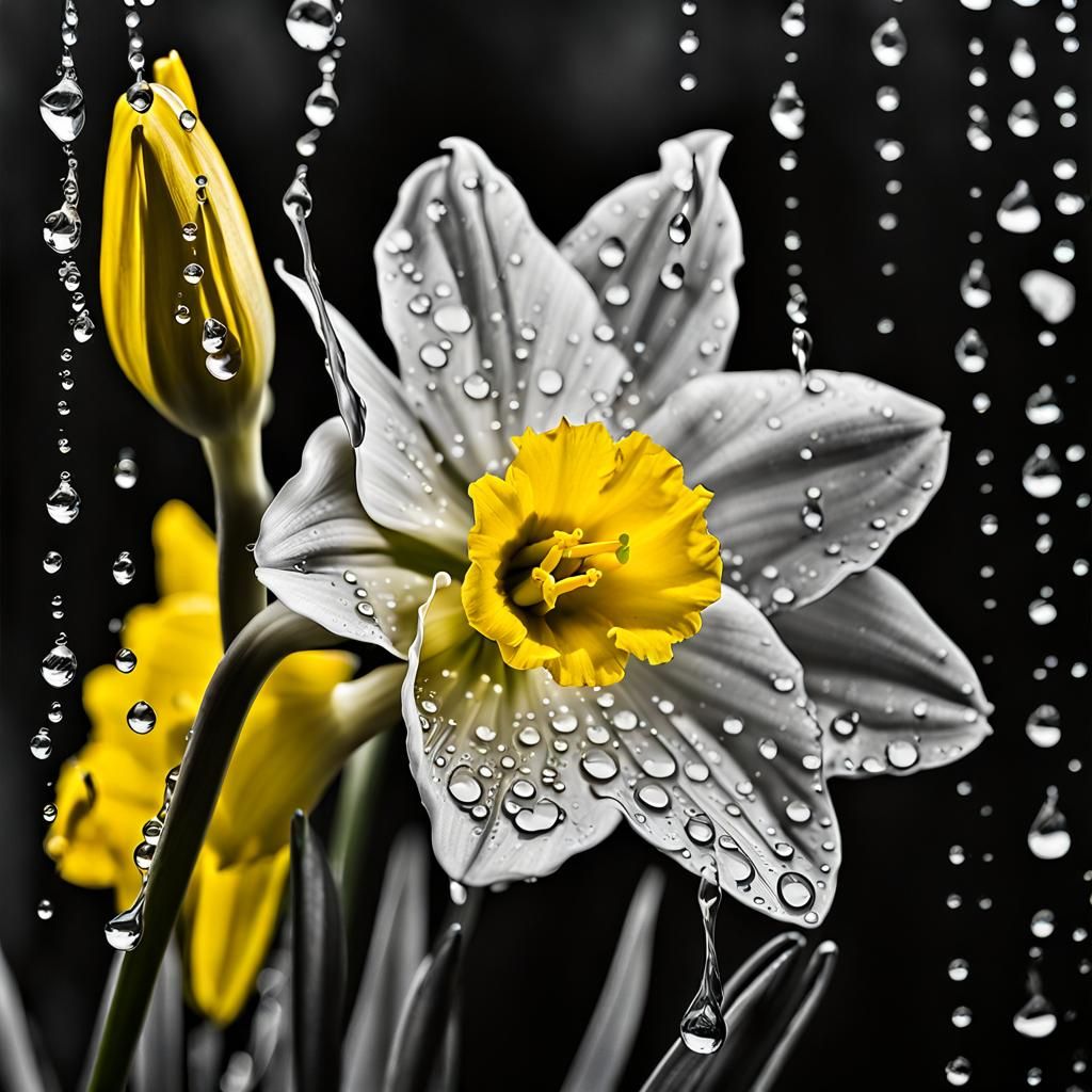 Photorealistic Daffodil with Raindrops in Selective Color