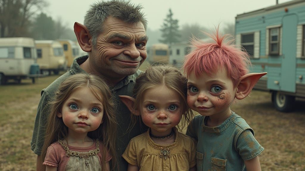 Troll Family Portrait in a Trailer Park Landscape
