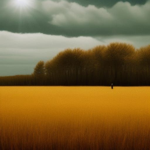Lone Figure in Golden Liminal Grass Field