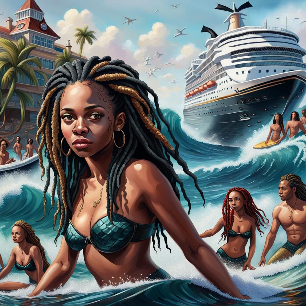 Luxury Cruise Shoreline with Mermaids: Hyperrealistic Oil Pa...