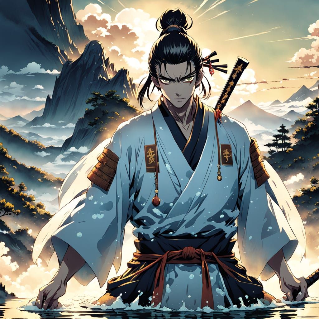 Samurai in a Serene Mountain Hot Spring Scene