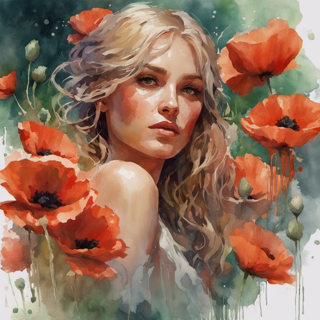 Poppy Flower Portrait in Watercolor Splash Art Style