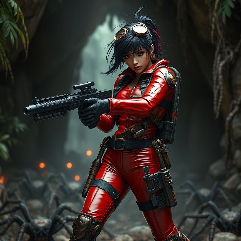 Angry Woman in Black Gold red latex suit with leather combat vest and utility belt with magazines and grenades attached,...