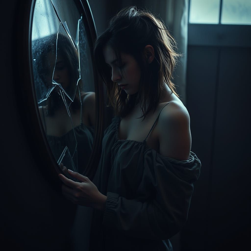 Sorrowful Woman and Broken Mirror in Dark Room