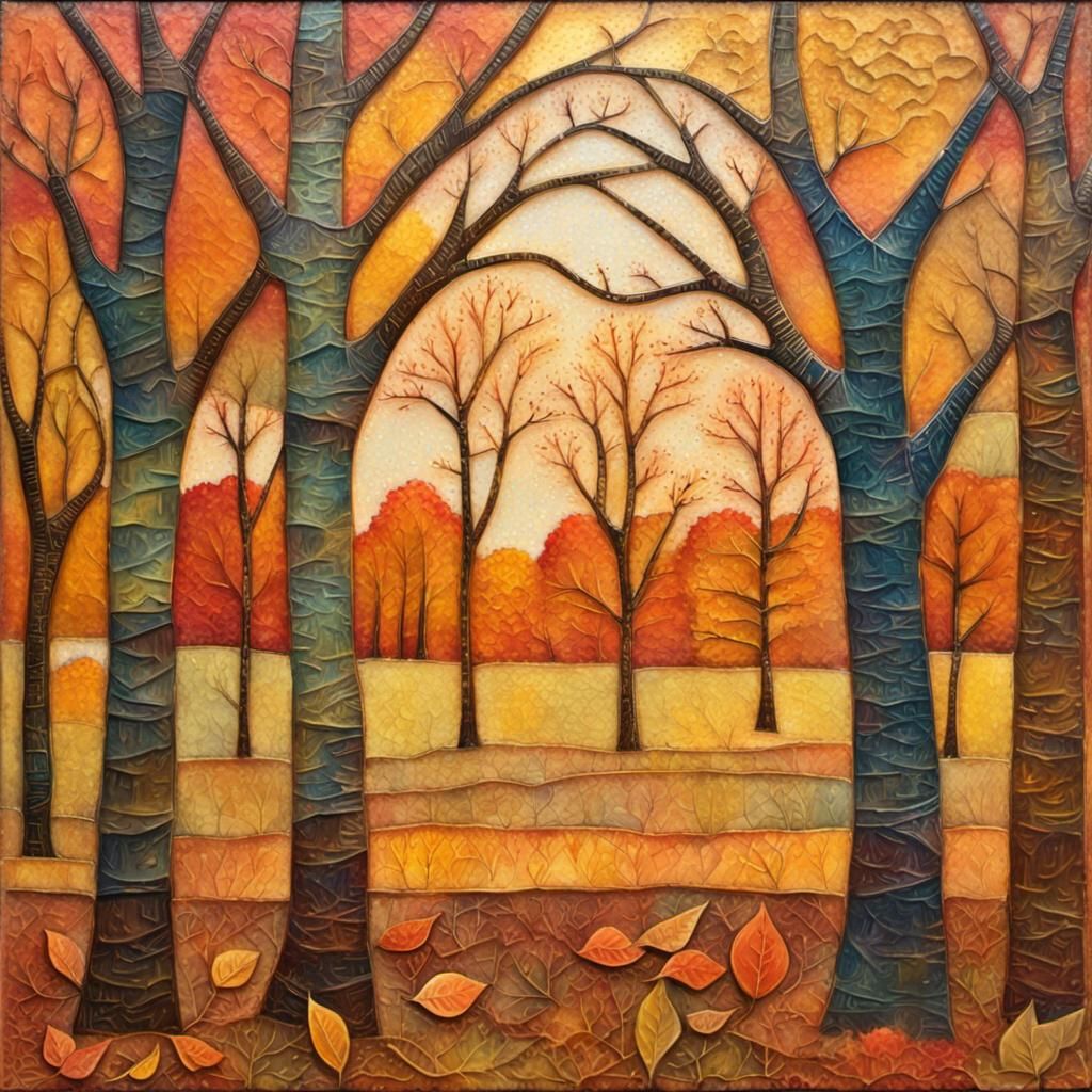 Autumn Trees in Encaustic Art Brut Style