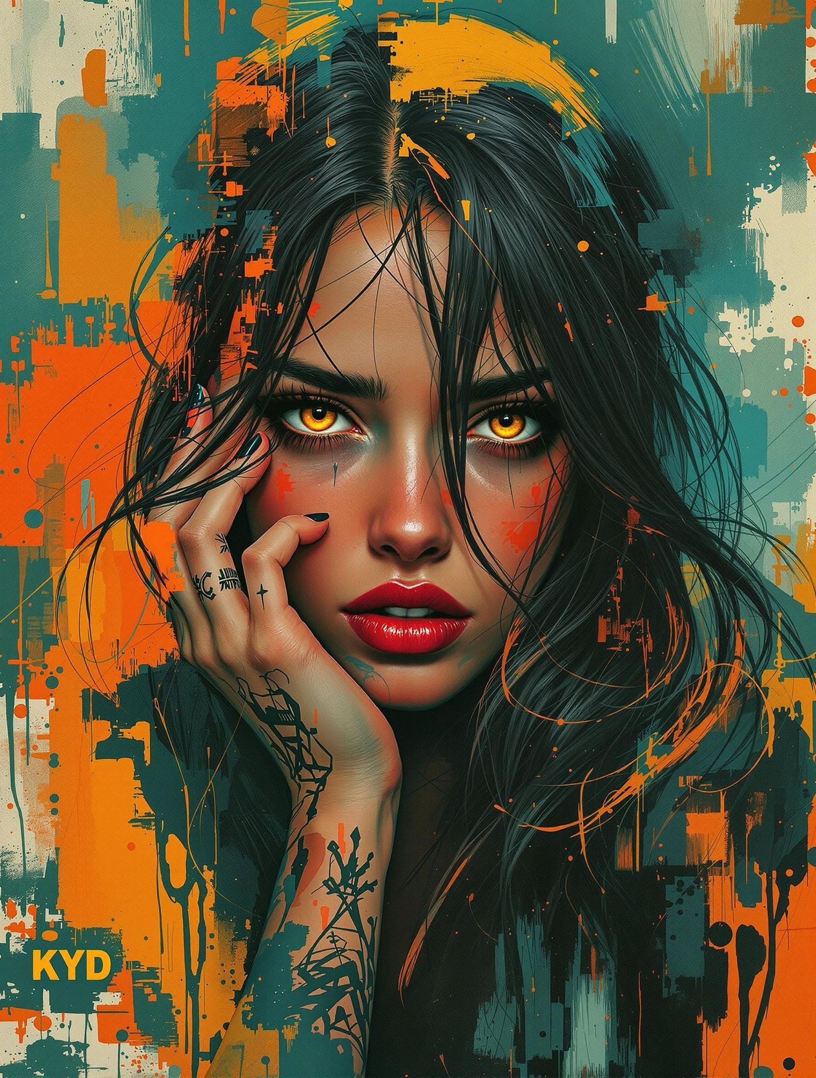 Cyberpunk Goddess with Golden Eyes in Vibrant Digital Art