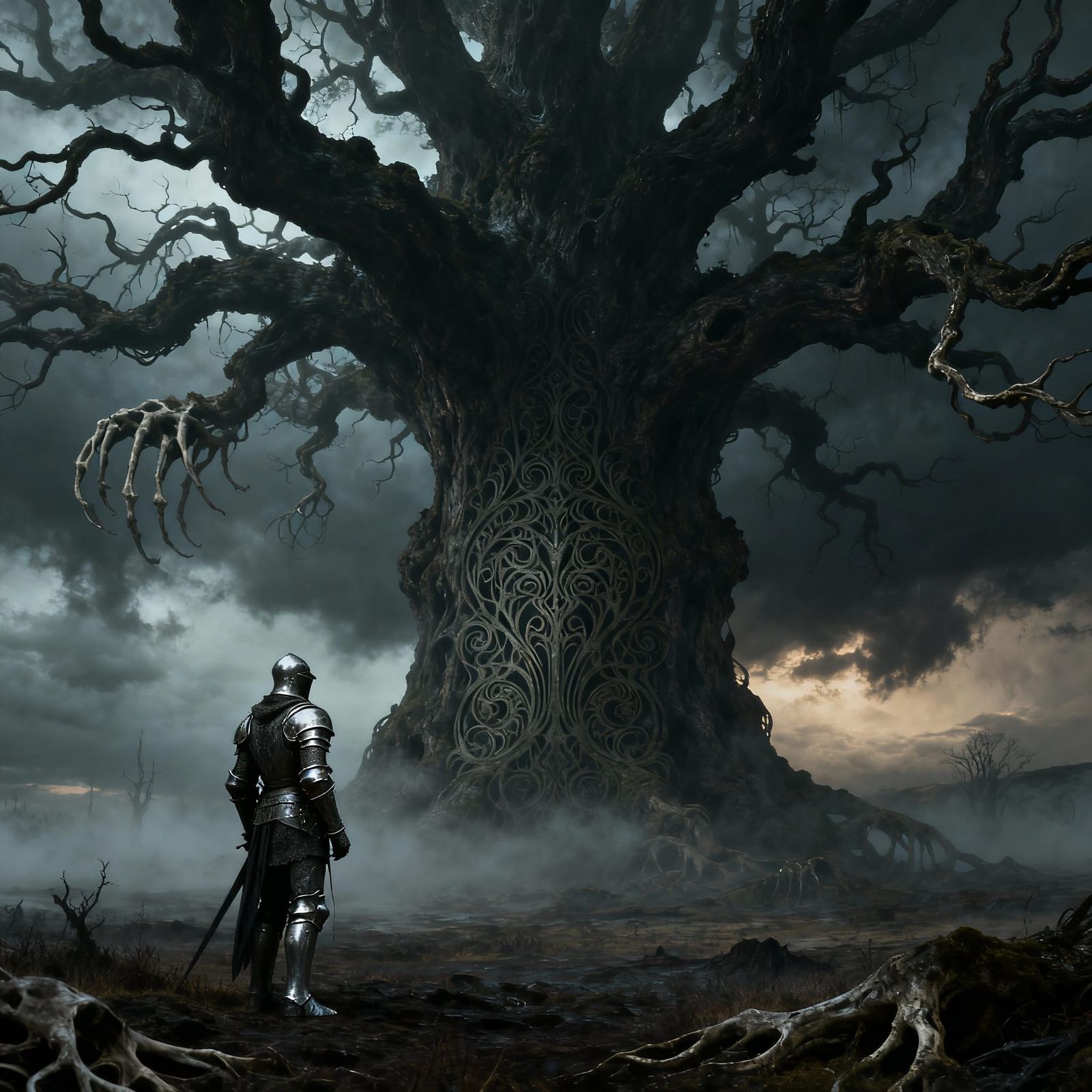 Knight Before Ancient Oak in Stormy Skies