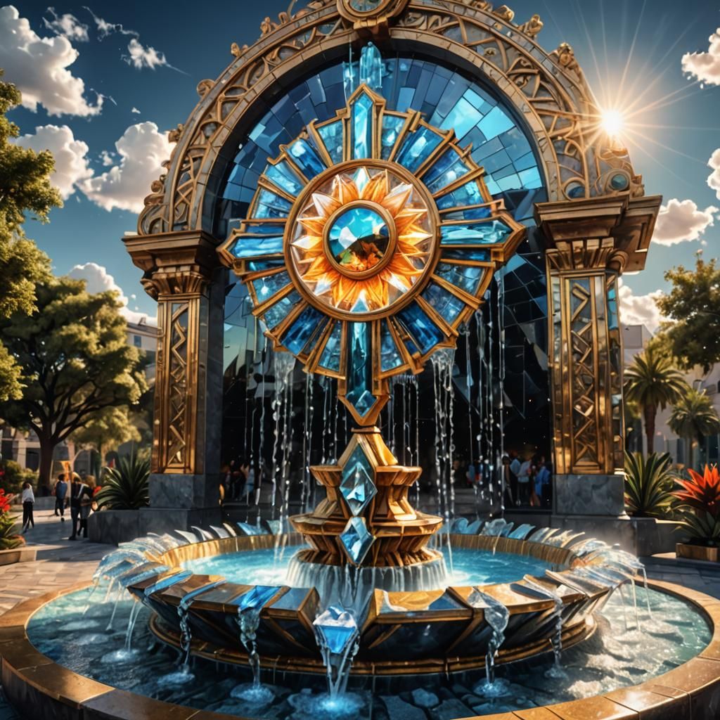 Geometric Crystal Fountain in Hyperrealistic Digital Art