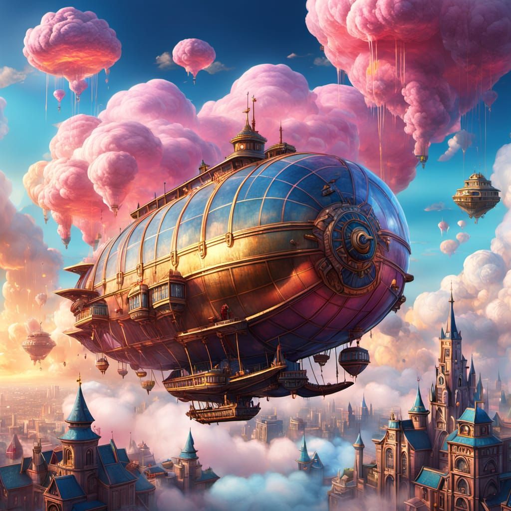 Fantasy Airship Over City: Vibrant Oil Painting
