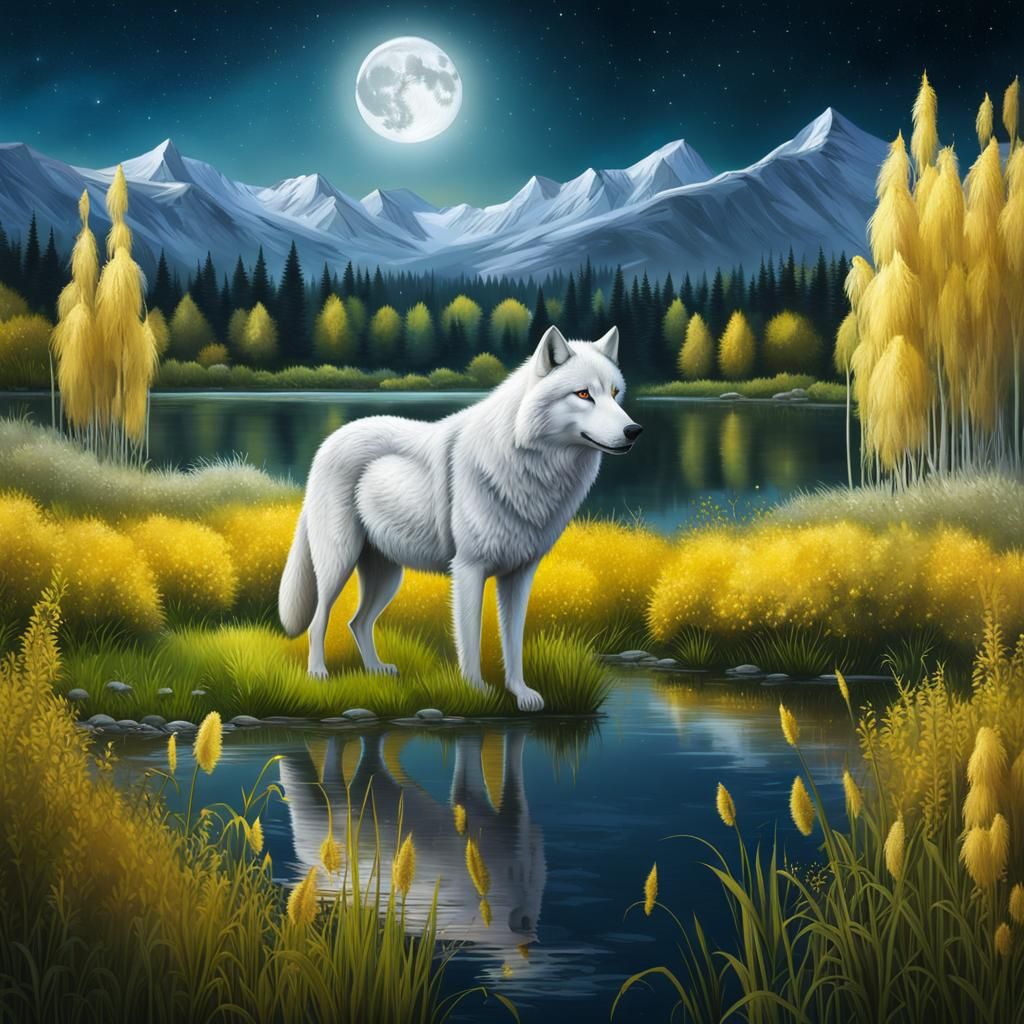 White Wolf Under Starry Sky with Golden Crown